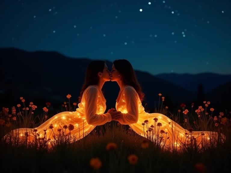 Silhouetted figures of two women lying down in a field of wildflowers at night. Transparent nightgowns glowing in the dark. Gowns adorned with vibrant orange flowers. Starry night sky in background with distant mountains. Dreamy and ethereal quality in the image.
