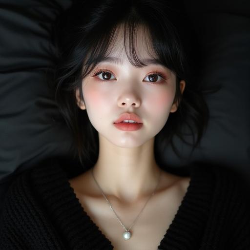 Close-up portrait of a young woman lying on a black pillow. She has smooth skin and gradient rose lips. Hair styled in a messy bun with bangs. Large almond-shaped grayish-silver eyes with soft makeup. Delicate necklace with pearl pendant. Wearing a black knit sweater. Soft diffused lighting creates a cozy ambiance.