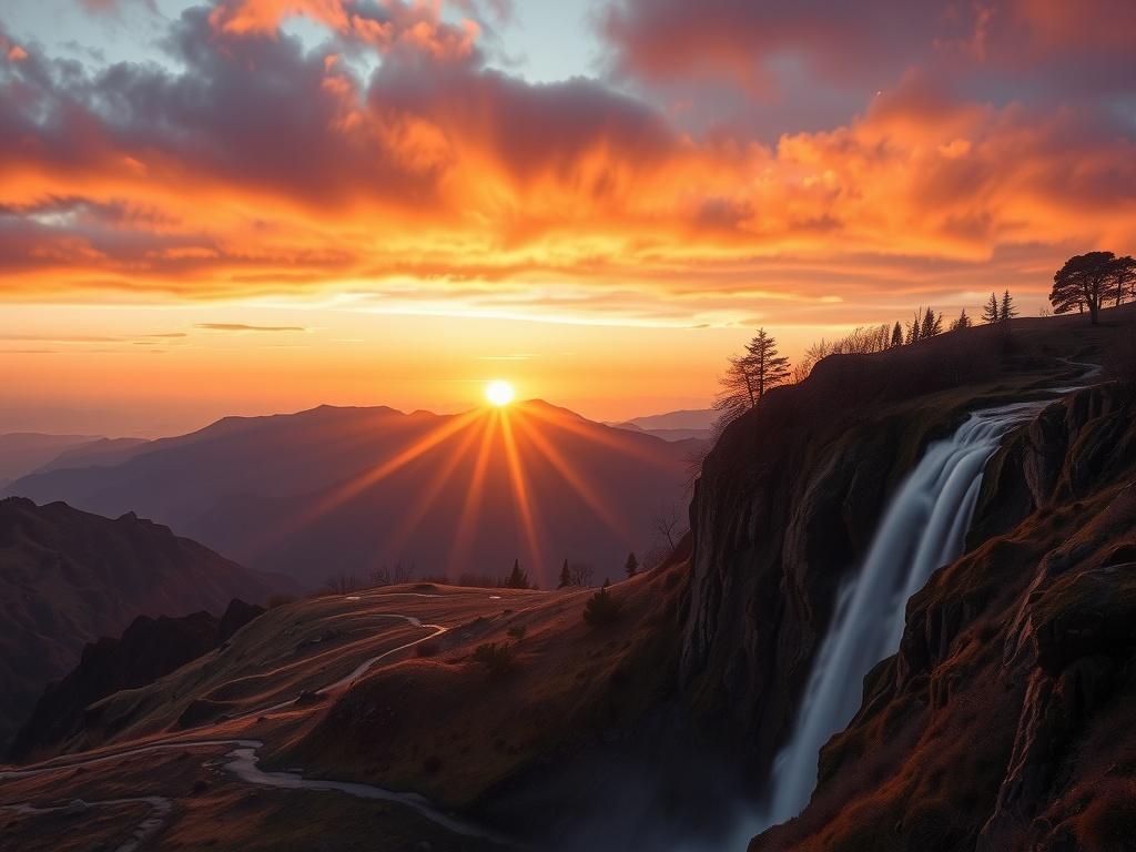 The image depicts a breathtaking sunset over a mountainous landscape, where a dramatic waterfall flows down a rocky cliff. The sun is setting on the horizon, casting warm orange and red hues across the sky and reflecting on the landscape below. The scene is serene, with scattered trees adding to the tranquil atmosphere.