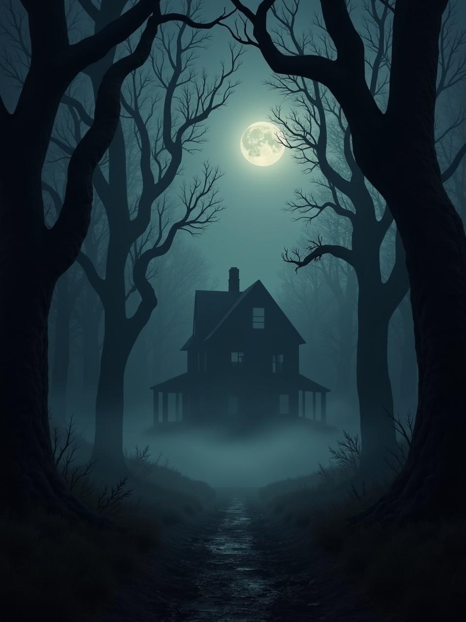 A haunted house is situated in a misty landscape. Tall, bare trees frame the scene. A winding path leads to the house. A full moon illuminates the atmosphere. Fog envelops the ground; a sense of mystery prevails.