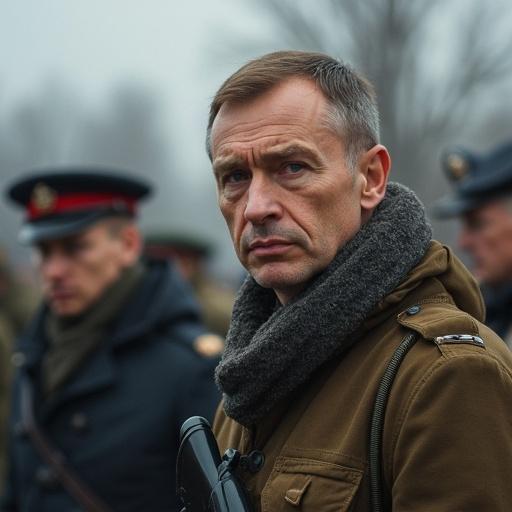 A scene depicting a serious male figure, possibly a leader, surrounded by military personnel, conveying a sense of determination amidst tension.