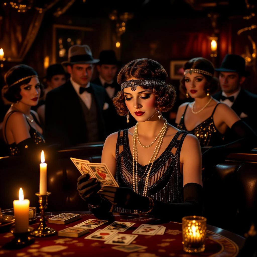 1920s speakeasy scene featuring a flapper reading tarot cards surrounded by curious gangsters and dancers. The scene is illuminated by flickering candlelight creating an intimate atmosphere. The flapper wears stylish vintage attire and accessories.