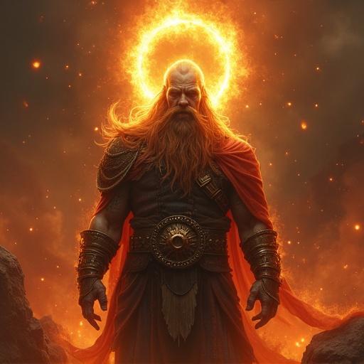 Image features a majestic dwarven figure standing in a surreal fiery landscape. This character embodies the essence of a fallen god. The dwarven warrior wears ornate armor and has long flowing hair. A bright halo of fire glows behind the character. Dark rocks surround this mythical scene. The atmosphere is charged with epic energy.