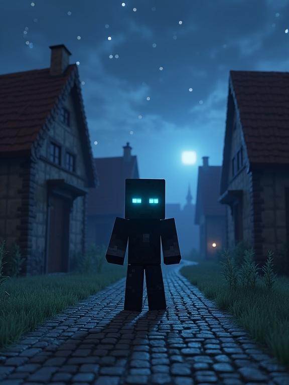 A lifelike Minecraft Stray stands in a pixelated village. Character has glowing blue eyes. Surroundings include cobblestone paths and abandoned houses under a starry twilight sky. Scene conveys mystery and isolation.
