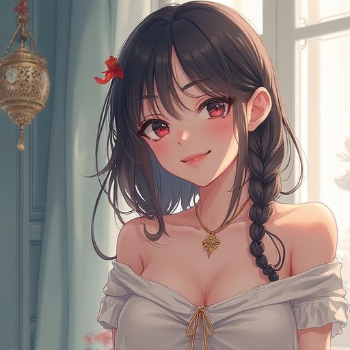 A digital illustration of a girl with long hair, wearing a stylish outfit. She has a gentle expression and a playful demeanor, adorned with a flower accessory. The background is softly lit, enhancing the character's features.