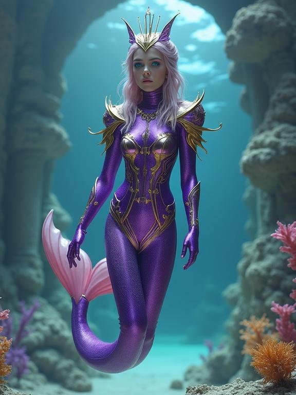Full body image of a mermaid floating in an underwater coral throne room. Mermaid in striking purple and gold armor. Armor features structured plating. Character has a mermaid tail, crown, and sealed helmet. Blurred coral architecture creates a majestic atmosphere.