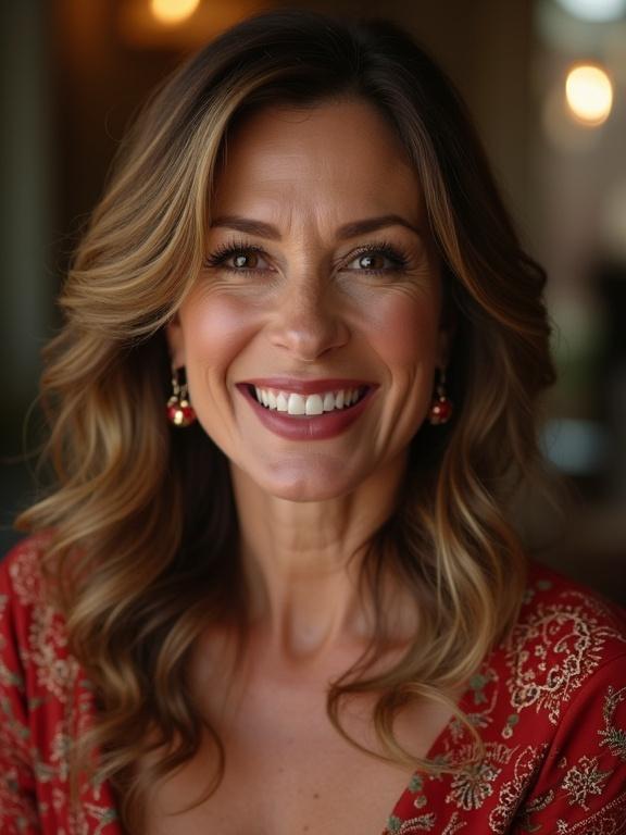 A mature woman smiling brightly. She wears high heels and has embroidered details in her outfit. The setting is warm and inviting with soft lighting.