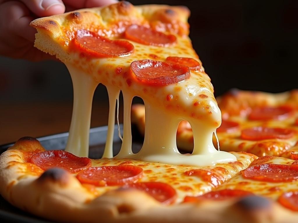 This is a stock photo featuring a delectable slice of pizza. The pizza has a golden crust that looks freshly baked. There is a generous amount of melting cheese cascading from the slice, indicating its gooey texture. The slice is being lifted from a pizza tray, with strings of cheese stretching down to the rest of the pizza. The background has a warm, inviting tone, making the pizza look even more appetizing. This scene captures a classic comfort food moment.