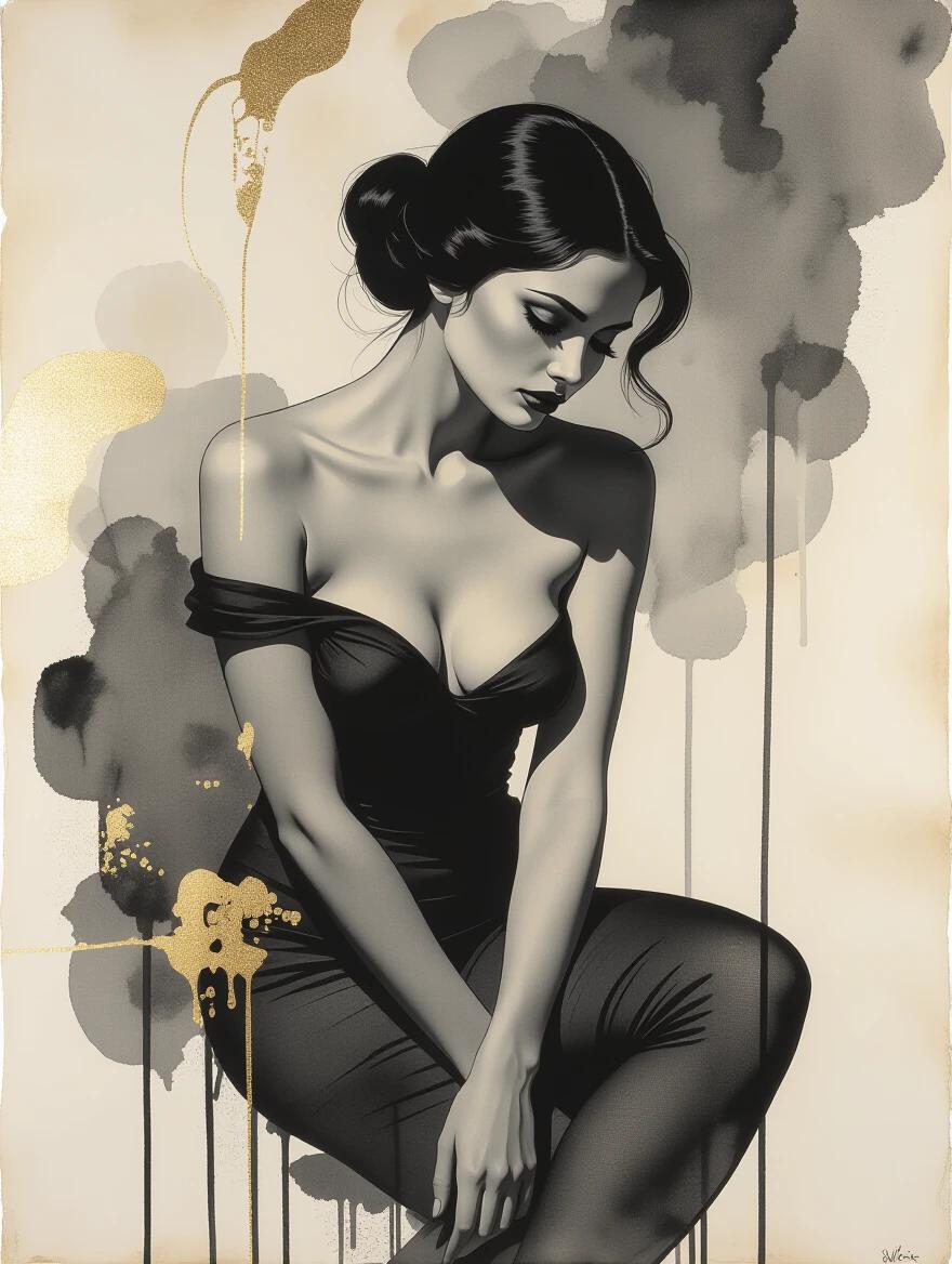 Seated woman in a black dress with a curvy silhouette. Elegant pose showing confidence. Background has abstract ink wash with hints of gold. Overall composition focuses on minimalism and femininity. Distressed texture adds character.