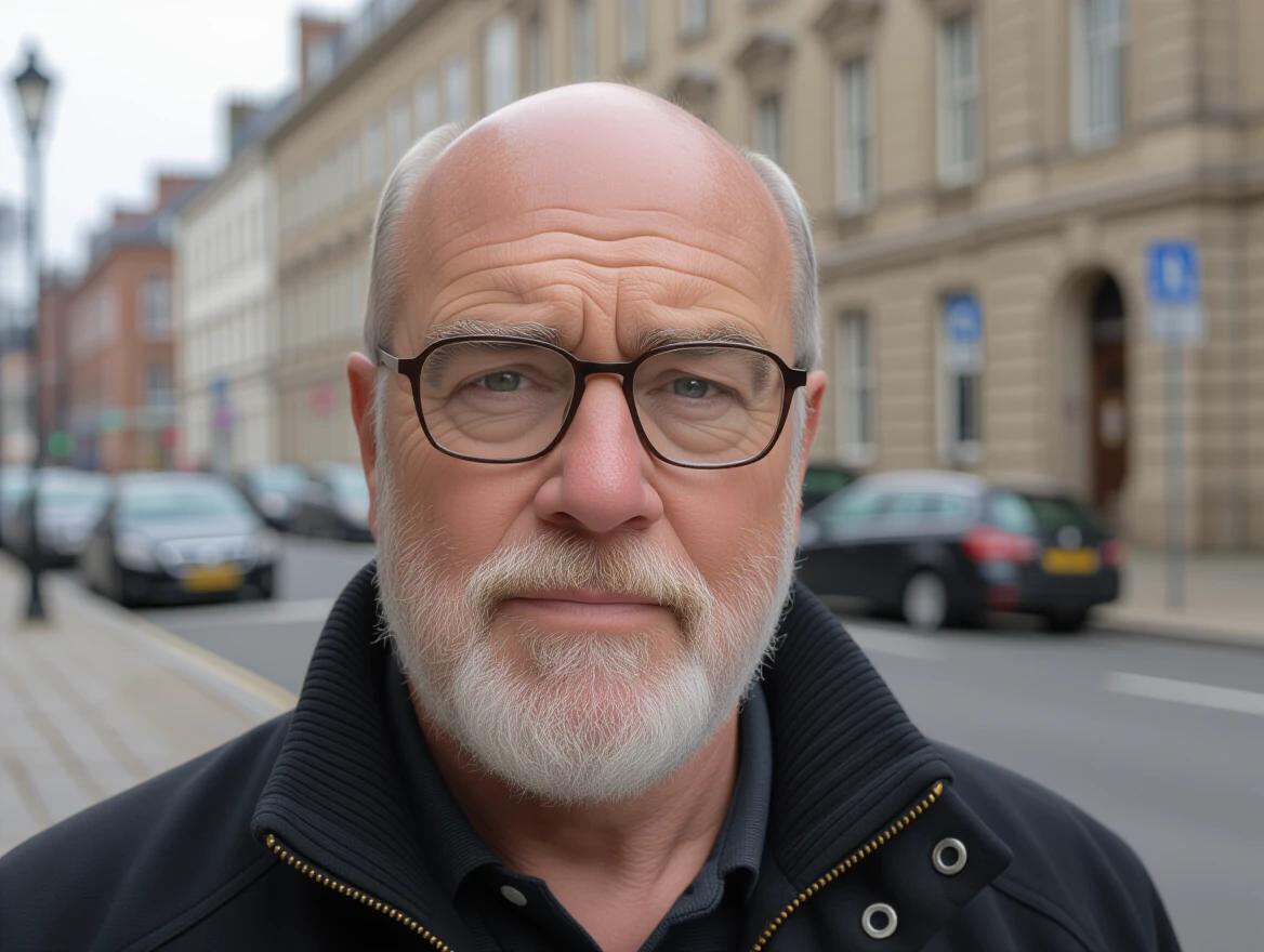 An older man stands on a city street. He has a round face and a fair complexion. He is bald with short white hair on the sides. A well-trimmed white beard surrounds his jaw. He wears a collared shirt and a patterned sport coat. His trousers are light brown, and a dark belt is visible. He has a flat cap on his head. Cars and buildings are in the background.