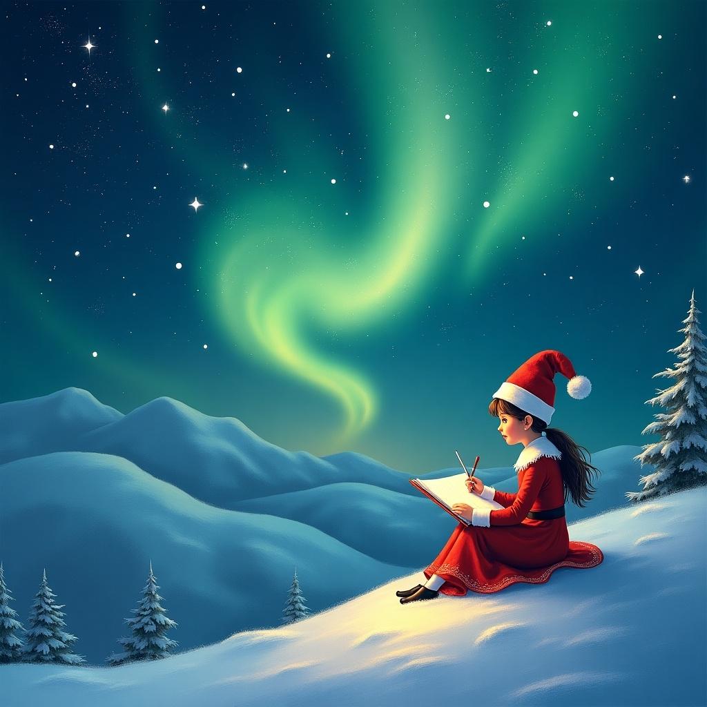 The image features a young girl dressed as an elf, complete with a classic red outfit and hat. She is sitting on a snowy hill, intently writing in a notebook. Above her, the enchanting northern lights dance in the night sky, creating a vibrant display of greens and blues. Snow-covered mountains frame the background, enhancing the magical atmosphere. This whimsical scene captures the essence of Christmas and childhood imagination.