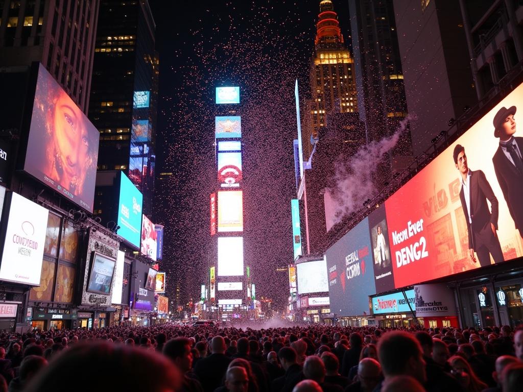 Crowd gathered in Times Square celebrating New Year's Eve from 2011 to 2012. Confetti falling from the sky. Brightly lit billboards in the background. Fireworks illuminating the scene.