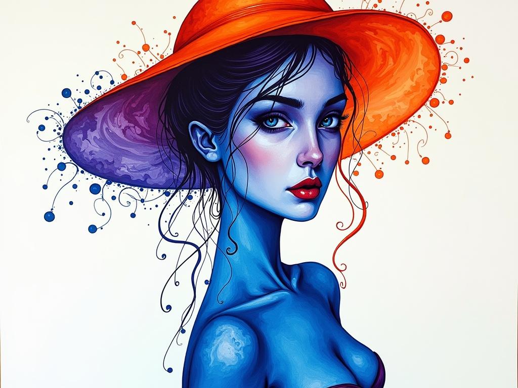 Full body shot of a woman in a bikini with vibrant marbled alcohol ink artwork. The image showcases swirling patterns of blue, purple, and orange inks. An elegant hat decorated with dynamic colors highlights the figure. The composition features depth through translucent layers of ink. Organic shapes extend outward from the centerpiece, creating an abstract yet captivating look. The fluid mix of colors and feathered edges illustrate the alcohol ink medium's versatility and beauty.