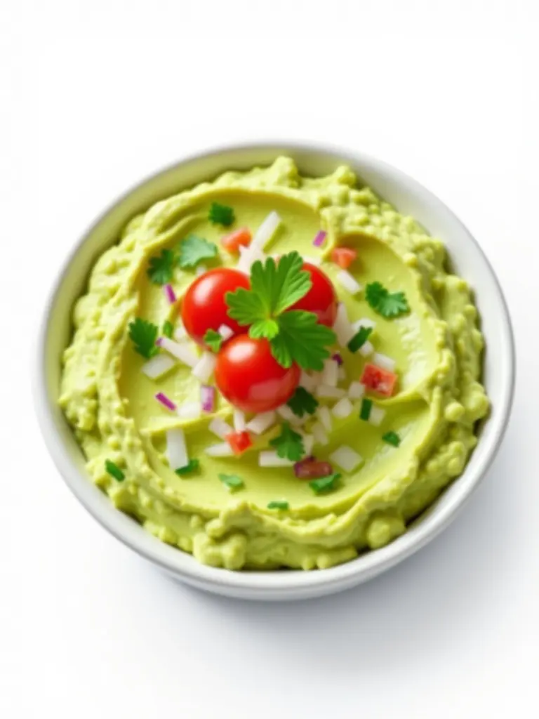 Ultra-realistic image of creamy dip made from mashed avocados with lime juice onions tomatoes cilantro and salt presented in a white small bowl against a white background