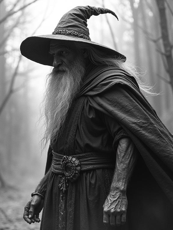 An old but powerful wizard wearing a traditional robe. The wizard has a long beard and an ornate hat. The scene is set in a mysterious forest. The image is created in a black and white tattoo art style. The focus is on the wizard's powerful stance. The atmosphere is dramatic and enchanting.