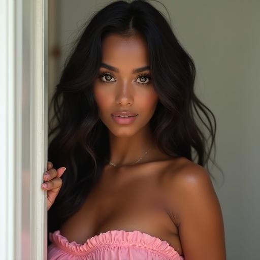 Ultra-realistic portrait of a young Puerto Rican woman from chest up. Fit body, looking at the camera. Features deep dark brown skin tone with tan lines, light green eyes, long wavy black hair, few freckles, and full lips. Wears a pink strapless dress with ruffles. Soft lighting, bokeh background, relaxed pose with one hand raised defensively. Expression shows fear with wide eyes and trembling lip.