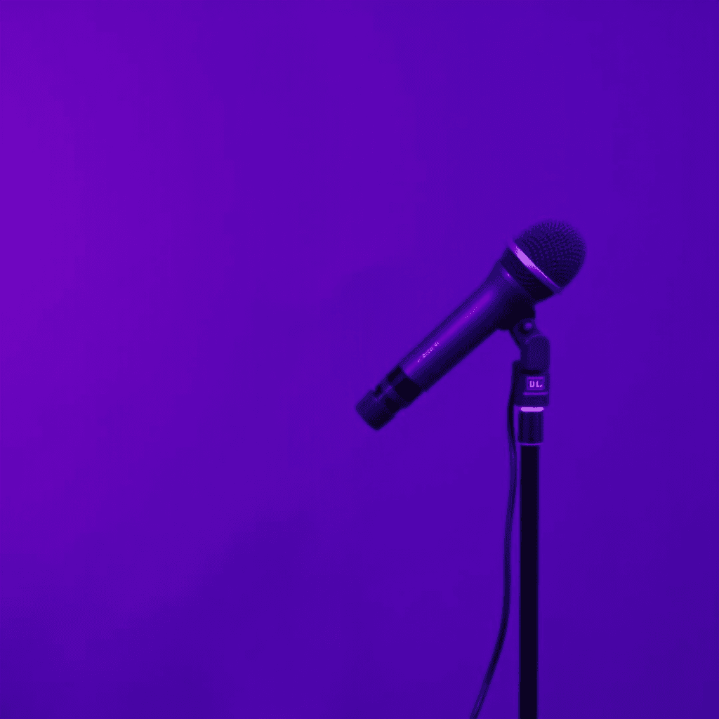 A microphone on a stand set against a purple backdrop.