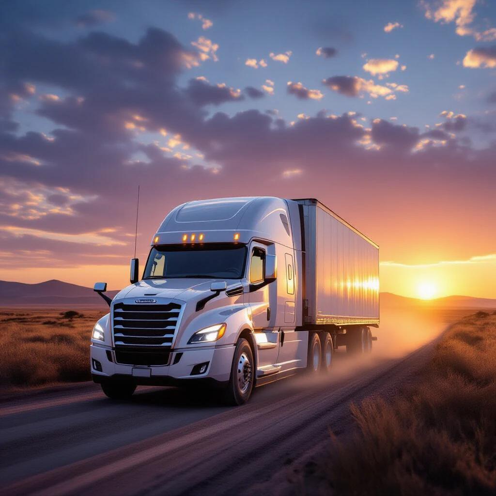 Photorealistic wide-angle shot of a modern white transport truck on a dusty unpaved road in East African savanna at sunrise. Dramatic sky evokes a sense of journey and reliability.