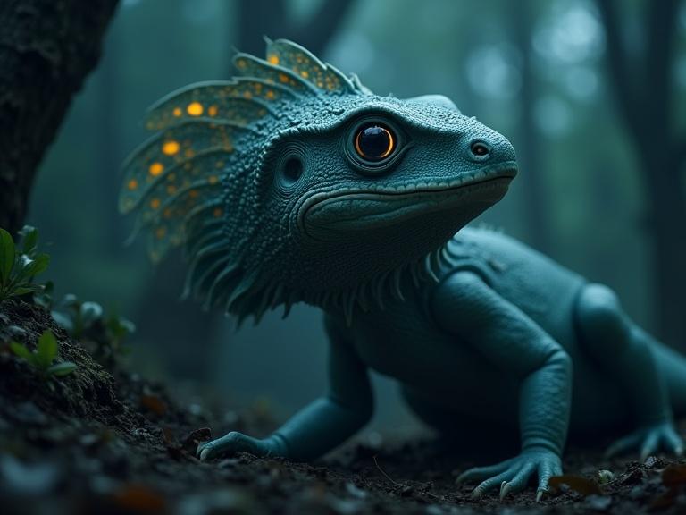 Surreal hybrid animal combines deep-sea and desert features. Glowing eyes radiate bioluminescence. Set in dark forest atmosphere. High detail profile portrait.