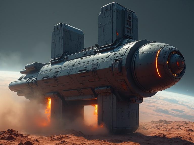 A huge dark grey sci-fi spaceship shaped like a wide letter H is hovering above a planet. The ship has blocky bevel polygonal shapes and textured mechanical details. There are rectangular bevel polygonal windows at the front and missile launcher panel openings. Glowing orange thrusters on the bottom create dust clouds as the ship lands.
