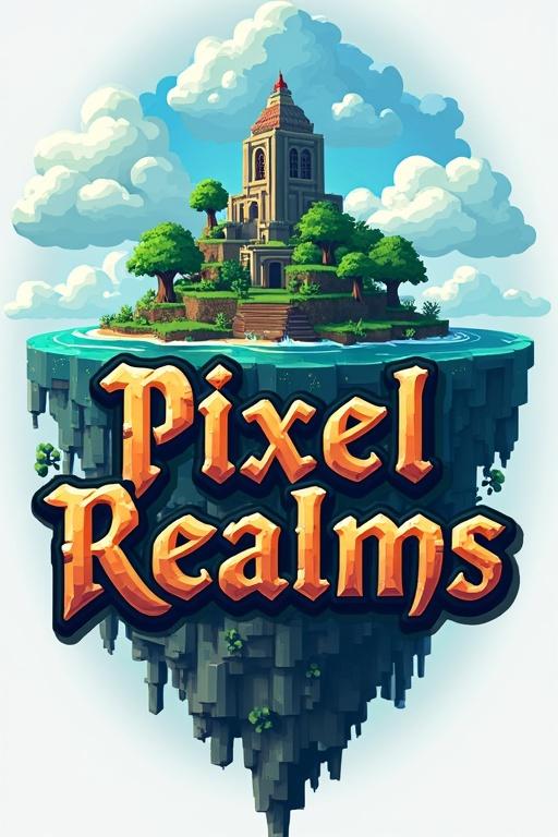 High-quality logo design for Minecraft server named Pixel Realms. Design combines fantasy and pixel-art aesthetics. Features mystical floating island, pixelated blocks and tools. Includes bold, stylized title in medieval lettering. Color palette includes deep blues, greens, and golds. Style is clean and slightly cartoonish.
