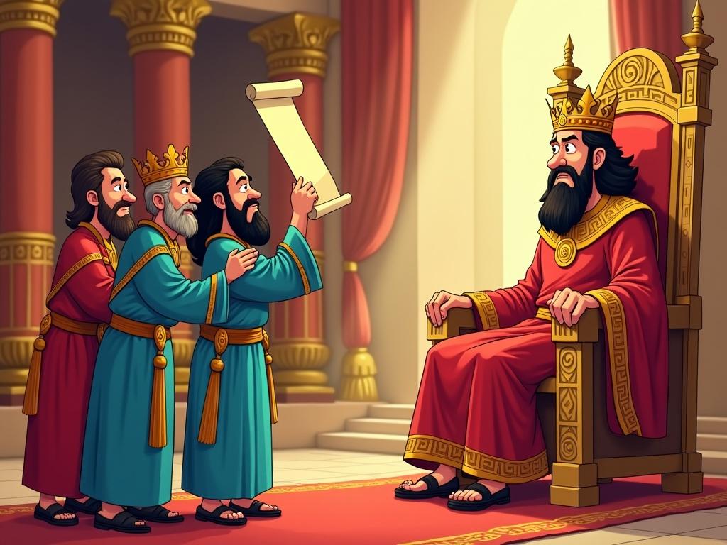 In ancient Babylon during biblical times, a cheerful cartoon illustration captures the scene in the king's courtroom. The governors, dressed in royal robes, bow dramatically before the king, who sits on a magnificent throne. They hold up a scroll, their faces displaying wicked expressions that contrast with the king's thoughtful demeanor. The king is adorned in royal red and gold clothing, looking regal and composed. The courtroom is decorated with opulent gold accents and rich red curtains, creating a majestic atmosphere. It's a lively depiction of power dynamics in a historical setting.