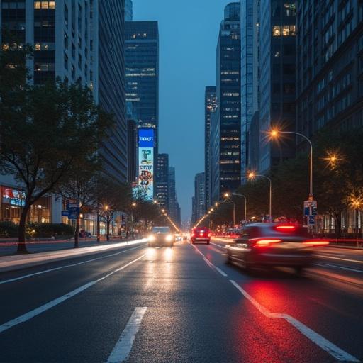A city road at night with tall buildings surrounding. Streetlights illuminate the scene with cars driving down the road. A vibrant urban atmosphere capturing the essence of starting a journey.