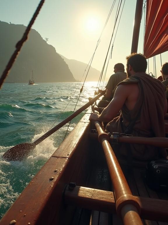 First-person perspective showing hands pulling on oars of a longship. Muscles in arms straining with each stroke. Sounds of oars splashing in water. A fellow warrior singing a rowing song. Bright sunlight reflects on water. Ship navigating waves. English coast in mist.