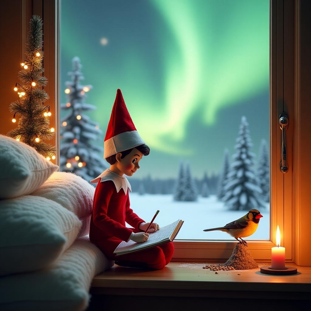 Elf on the shelf sits on a window sill in winter. The elf writes in a notebook. The sky shows enchanting northern lights. A candle glows warmly. There are snowy evergreen trees outside. A whimsical bird is nearby.