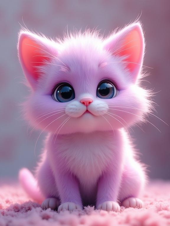 Fluffy anthropomorphic kitten with pastel pink and lavender fur. Oversized Pixar-style head with large eyes. Cute expression. Sitting on a soft surface.