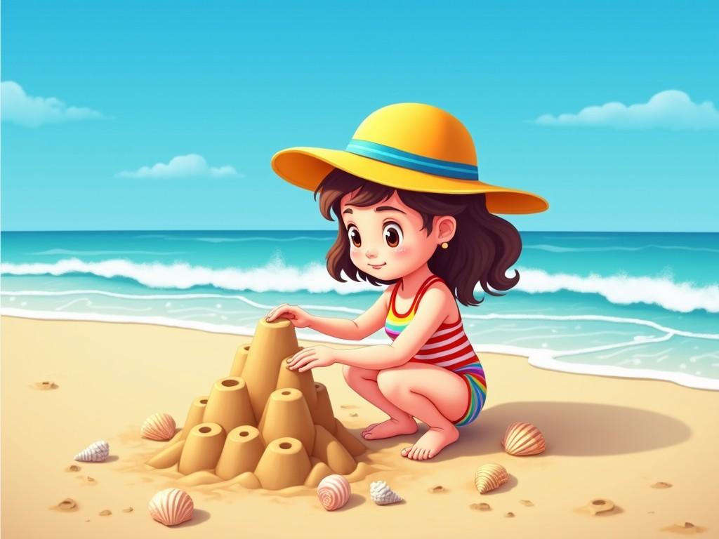 A young girl is playing at the beach, focused on building a sandcastle. She wears a bright yellow hat and a colorful swimsuit. The scene captures the joy of summer, with gentle waves in the background. Seashells are scattered on the sand around her. The sky is clear and blue, enhancing the cheerful atmosphere.