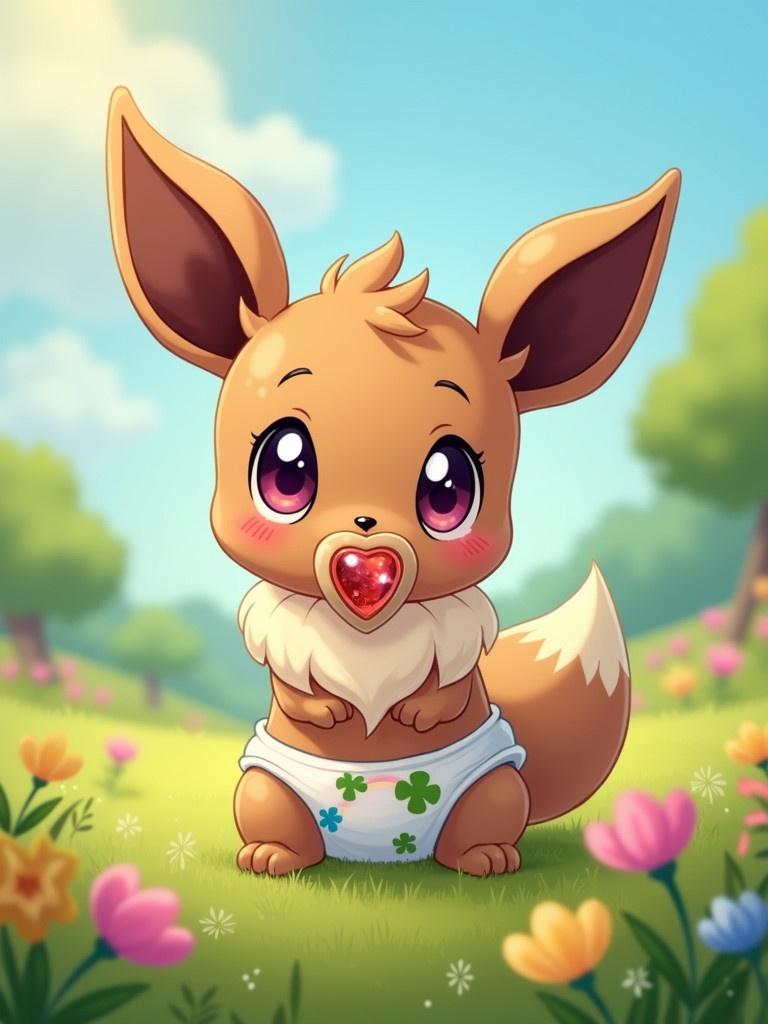 A cute baby female Eevee with a playful expression. The character has purple eyes and a light brown dummy infused with a glowing garnet gem. Wearing a white nappy decorated with rainbows and green four-leaf clovers. The nappy shows some wetness. The Eevee is blushing in a vibrant grassy area filled with flowers and trees in the background under a sunny blue sky.