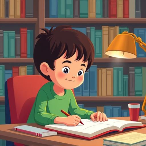 Cartoon style image featuring a young student studying in a library. The student is sitting at a table with books open, writing in a notebook. Background shows bookshelves filled with colorful books.