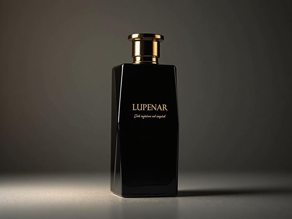 The image showcases a sophisticated perfume bottle labeled 'LUPENAR'. The bottle design is sleek and modern, featuring a black finish with a shiny gold cap. The label is elegantly inscribed, enhancing its luxurious appearance. The dramatic lighting highlights the contours of the bottle, creating depth and intrigue. This composition exudes a sense of elegance and high-end fashion, making it ideal for marketing luxury fragrances.