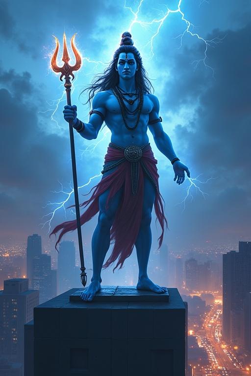 Modern divine representation of Lord Shiva. He stands on rooftop of tall urban building. Long flowing matted hair. Glowing blue skin. Serpent around neck. Bright tilak on forehead. Holds glowing electric trident radiating energy. Thunderclouds roar in sky. Soft blue divine aura surrounds body. Below is bustling modern city. His face shows calmness and power. Highly detailed with epic composition.