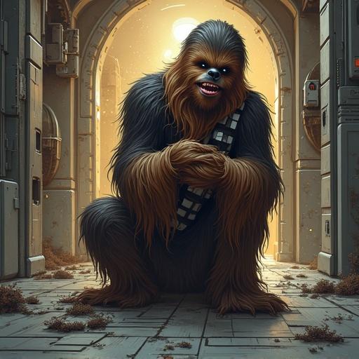 Digital illustration of Chewbacca in distress crouching and holding his head. Fur appears to move erratically. Eyes show terror. The Millennium Falcon corridor dissolves into chaos revealing cosmic horror. Panels peel away and mechanical parts morph. Corridor lights cast impossible shadows enhancing the surreal atmosphere.