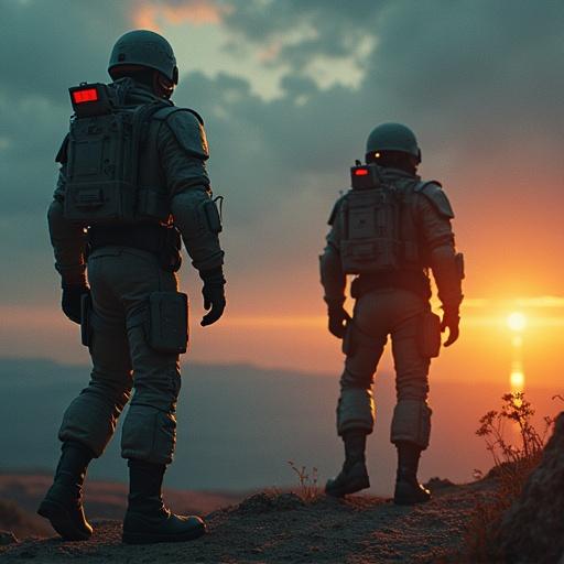 A squadron of male and female soldiers lost in space during sunset. Soldiers in tactical gear stand against a dramatic backdrop. 