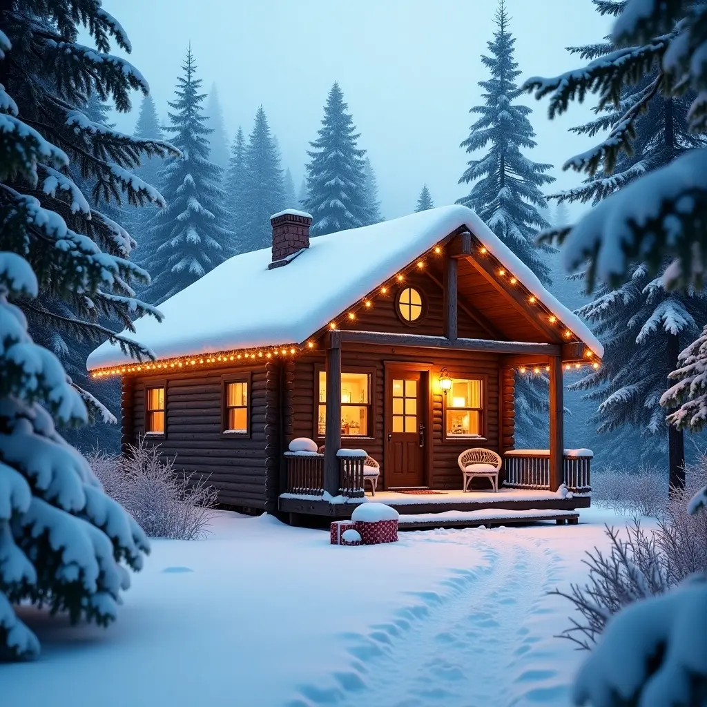 Cozy wooden cabin in a winter landscape with snow covering the ground and roof. Holiday lights adorn the cabin adding a festive touch. Tall evergreen trees surround the scene. A present sits nearby. Warm light from windows indicates a welcoming interior. Magical atmosphere evokes warmth comfort and joy.