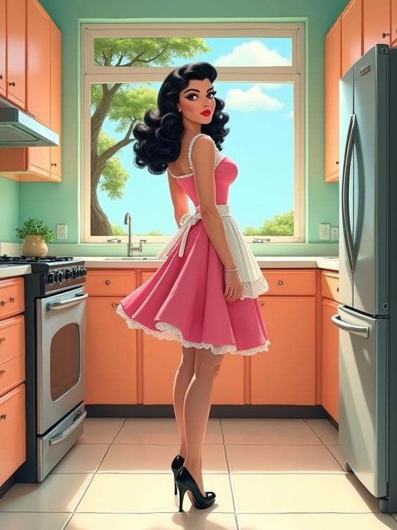 Ultra-detailed illustration of a glamorous cartoon pin-up housewife wearing a fitted vintage pink dress with white frilly apron. She has jet-black hair styled in vintage waves with bangs. Flawless makeup with winged eyeliner and red lipstick. Flirtatious pose with one leg back, looking over shoulder with a smile. Immaculately clean kitchen with peach cabinets and retro stove. Sunlight from large window shows green trees and blue sky. Polished floor reflects light and figure.