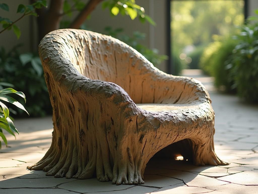 A sculptural chair resembling a tree stump in a garden