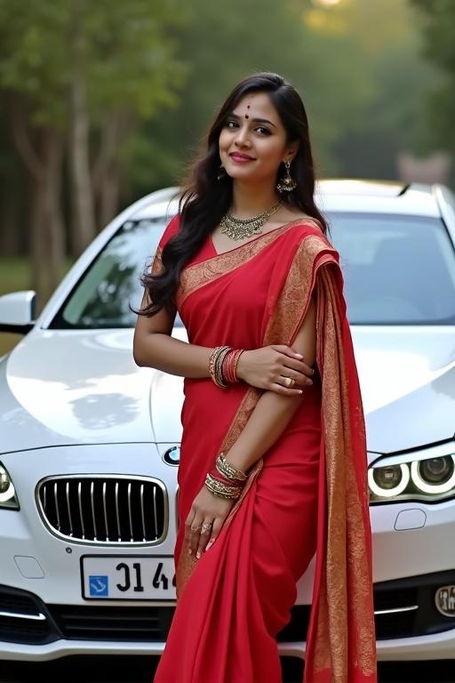 Indian woman poses elegantly in traditional saree with BMW car in the background