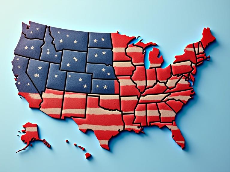 A map of the United States designed with an American flag theme. Features the states outlined distinctly. Prominent display of red, white, and blue colors. Clear representation of American elements symbolizing construction and engineering.