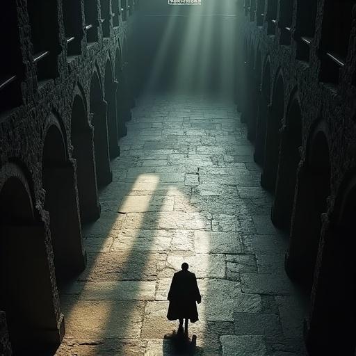 Dramatic historical poster for Black Tom Tyrant. High-angle view of a dark stone-flagged hall in the Tower of London during 1641. Long shadows from high windows. The Earl of Stratford in 17th-century attire walks alone across the empty floor. Emphasis on isolation and oppressive space.