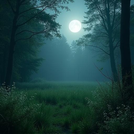 A long-grassed clearing exists in an overgrown forest. Wildflowers partially border the clearing. The scene is dark and illuminated by gentle moonlight. An eerie beauty and fear permeate the atmosphere.