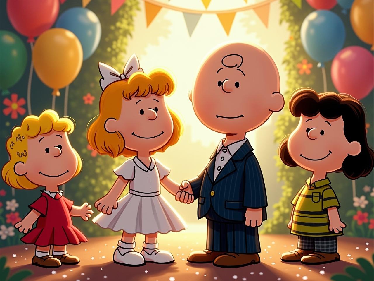 The image depicts a joyful gathering of Peanuts characters at a festive occasion. Charlie Brown and Lucy stand prominently in the center, with Charlie wearing a formal suit and Lucy donning a beautiful white dress. Nearby, Schroeder and Sally are smiling, capturing the essence of a celebration. The background features cheerful decorations, including flowers and balloons, giving it a lively atmosphere. The characters are surrounded by bright lights and a welcoming ambiance, creating a fun and festive scene.