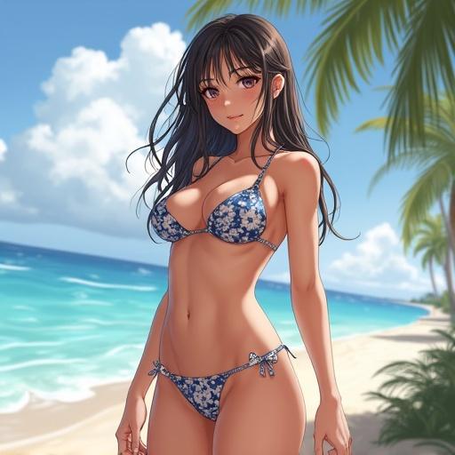 Realistic depiction of a girl wearing a floral bikini at the beach. She has long dark hair and is surrounded by palm trees and blue water. The atmosphere is sunny and summery.