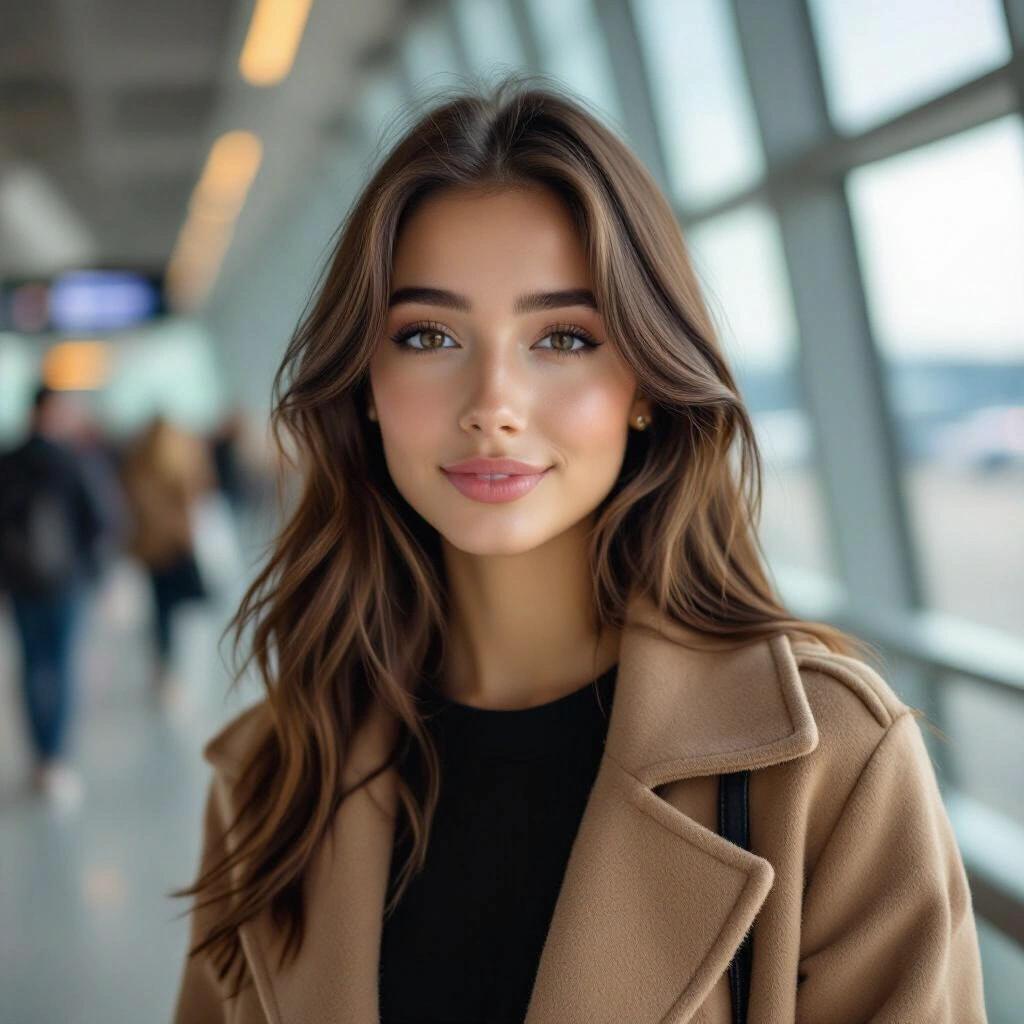 Photo showcasing a young woman at the airport in a stylish outfit with a warm background and bright lighting.