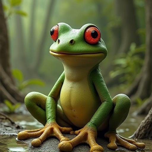 A magical frog with vibrant colors. The frog sits in a natural setting, showcasing large red eyes and a bright green body. It looks whimsical and curious. The background features a lush environment, possibly a forest or swamp. Clear focus on the frog's features.