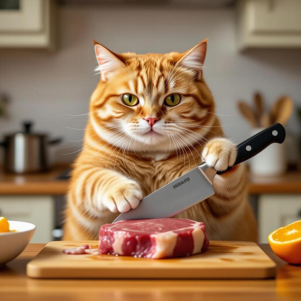 Orange lazy cute fat cat cutting a steak with a knife in a modern kitchen. The kitchen is well-lit with natural light. The cat looks focused and playful while chopping meat on a wooden board. Fresh fruits are present on the counter in bowls.