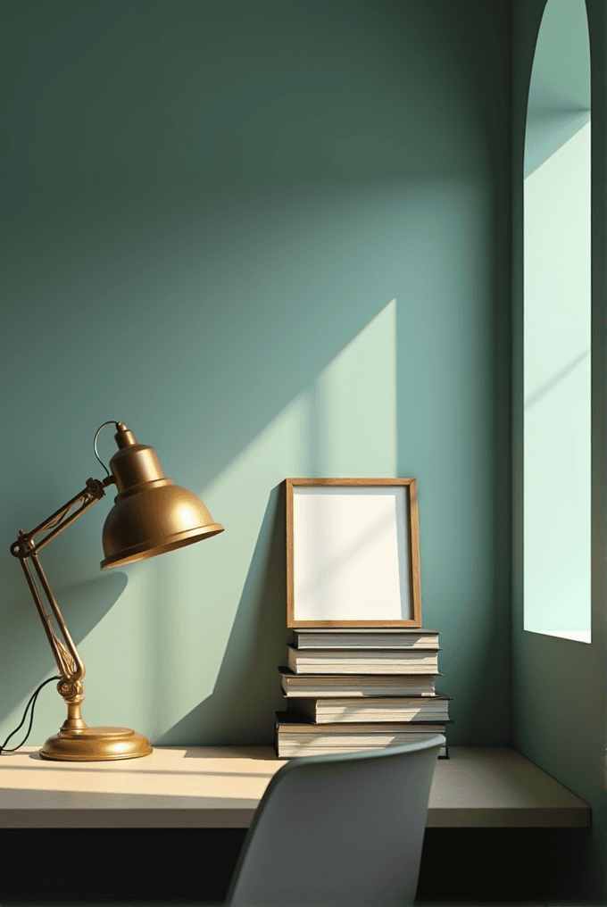 A desk with a lamp, a stack of books, and a blank picture frame bathed in sunlight.